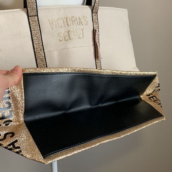 Victorias Secret Tote Beach Bag Large New Zip Canvas Cream Beige Gold Glitter - Picture 4 of 7